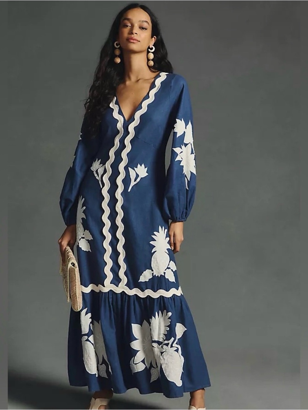 FARM RioEmbroidered Blue Maxi Dress with White Floral Embroidery